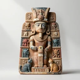 a single maya hieroglyph with robots and cats, colored, white background