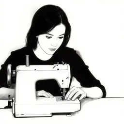 a woman using a sewing machine, black and white drawing by daniel clowes