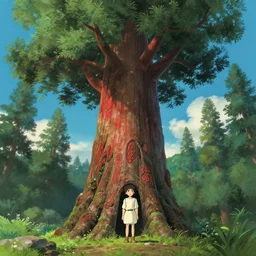Huge redwood tree by Miyazaki Nausicaa Ghibli, breath of the wild style, epic composition