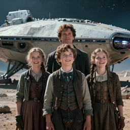 extremely sharply detailed, from blockbuster 9 9 k sci fi color movie freeze frame, set in 1 8 6 0, family standing in front of crashed spaceship, on alien planet, looking happy, wearing 1 8 5 0 s era clothes, atmospheric lighting, in focus, reflective eyes, - 9 9 mm macro lens, live action, nice composition, good photography, clear facial details