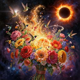 a fantastic realist comic book style painting of flowers launched into the cosmos, bouquets, the enchanted circling of hummingbirds, solar eclipse, 8 k, ultra realistic, lens flare, atmosphere, glow, detailed, intricate, full of colour, cinematic lighting, 4 k, hyperrealistic, focused, extreme details, unreal engine 5, cinematic, masterpiece