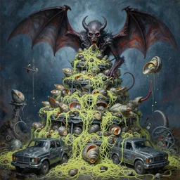 oil painting nightmare macerated epic tiered mollusks vehicles vision bound by loose fluorescent metal noodle patina near on bat winged terror throwing, cinematic, fine art, ornate masterpiece, hyper detailed by shigaru komatsuzaki
