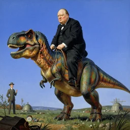 Winston Churchill riding a T-Rex, painting by Jean Giraud and René Magritte