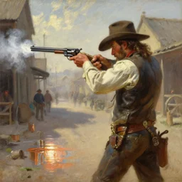 oil painting of old rugged cowboy in wild west street aiming his gun, shooting revolver, shoot gun, gun smoke, art by anders zorn, wonderful masterpiece by greg rutkowski, beautiful cinematic light, american romanticism by greg manchess, reflections in copper, sunlight, dust and steam