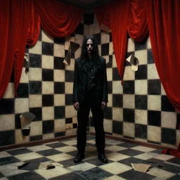 extremely detailed movie shot portrait of a dark bizarre figure standing in the corner of a checkerboard checkerboard room by denis villenueve, yves tanguy, lovecraft, roger dean, ridley scott, david lynch, dynamic composition, rich moody colours, red drapes