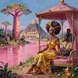 a regal and elegant african queen with a colorful afro sitting in a cabana near a large steampunk pyramid near a pink river with a large glowing baobab tree, by amanda sage and alex grey and evgeni gordiets in a surreal psychedelic style, oil on canvas 8k, hd