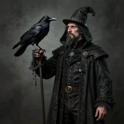 a raven perched on a man dressed like a raven in a gothic style, plague doctor, portrait, unreal engine