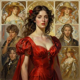 A mixed media portrait painting of a woman wearing a red dress by Boris Vallejo, Beeple, Frank Frazetta, Greg Rutkowski, Christian MacNevin, Alphonse Mucha, epic fantasy character art, high fantasy, CGsociety, exquisite detail, post-processing, masterpiece, cinematic