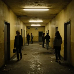 the backrooms, the eerie forlorn atmosphere of a place that's usually bustling with people but is now abandoned and quiet, walls with tone of yellow, buzzing fluorescent lights above the ceiling, unsettling images, liminal space, dark