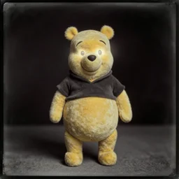 daguerreotype photograph of winnie the pooh with illuminated eyes, light coming out of his eyes, standing in the middle of the room, black background