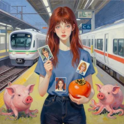 tall emo girl artist holding small portraits and a persimmon, on shinkansen in tokyo, shinagawa station, pigs, octopus, acrylic on canvas, surrealist, by magritte and monet