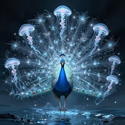 rorschach test, peacock. intricate, centered, amazing composition by amano yoshitaka, by rembrandt, illustrious makinami, digital art, digital painting, artstation trending, unreal engine, fractal flame, transparent jellyfish, transparent feathers, bio luminescent, ice, water, gloomy
