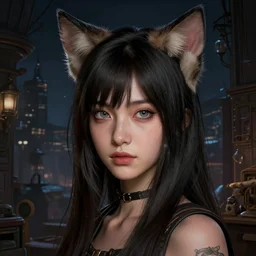 a potrait of a girl with cat ears, fine details. night setting. realistic shaded lighting poster by craig mullism, artgerm, jeremy lipkin and michael garmash, unreal engine, radiant light, detailed and intricate environment, digital art, trending on art station