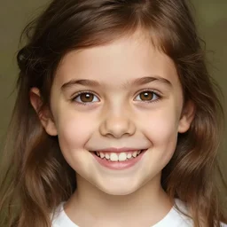 portrait of 1 5 - year - old girl, little smile, with large front teeth, very bushy brown hair, and very bright brown eyes, wearing white shirt, hyper realistic face, beautiful eyes, close up, fantasy art, in the style of greg rutkowski, intricate, alphonse mucha, hyper detailed, smooth