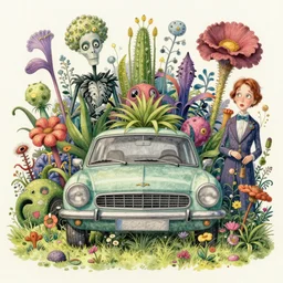 ultra detailed digital pencil and watercolors and illustration of the car surrounded by unusual plants and flowers grow from below by wes anderson, tim burton, tomm moore, jean pierre jeunet ; 4 k 8 k hd high resolution ;