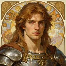 painted closeup portrait of slavic warrior, long hair, masculine, young, charming, imposing, athletic, fantasy, intricate, elegant, extremely detailed digital painting, trending artstation, concept art, sharp focus illustration art by alphonse mucha, greg rutkowski, craig mullins