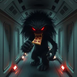 ominous fuzzy pitch black shadow monster eating pizza in a white spaceship corridor, uncanny, vhs, creepypasta, octane render, ray - tracing, 6 k