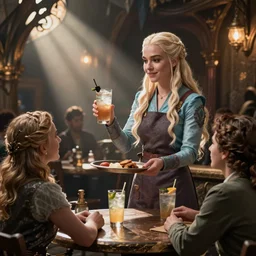 daenerys targaryen playing a waitress, serving drinks at a fantasy tavern, chatting with customers, high detail, fantasy art by wlop and mobius