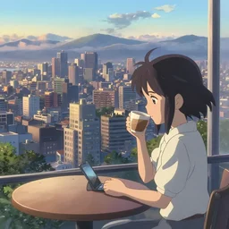a masterpiece detailed beautiful cityscape, early hour morning, a girl drinking coffee  with mobile on the table, by Makoto Shinkai
