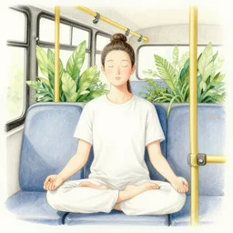 ultra detailed digital pencil and watercolors and illustration of meditating person in bus, plants by wes anderson, tim burton, tomm moore, jean pierre jeunet ; 4 k 8 k hd high resolution ;