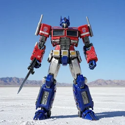 Character Portrait of Jetfire from Transformers on a clear sunny day with a blue sky standing in the bonneville salt flats, Transformers Toy, Jetfire!!!!!, Transformers!!!!!!!!!!!!!, Model Kit, Bandai, Hasbro, Transformers Armada!!!!!, Skyfire, Jet parts, Intricately detailed, Fuselage, Hip skirt wings, Battroid Mode, Zone of Enders, Anime Robots, Mecha Anime, Anime, Robots, Robot, Robot Mode, 8k, ultra realistic, illustration, splash art, rule of thirds, good value control