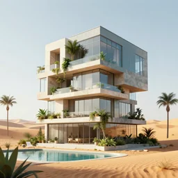 a modern apartment made of rectangle tetris, in the desert & oasis, made of glass and plants, octane render, trending on artstation