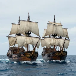 2 pirate ships fighting in the middle of the ocean, realistic, photo, detailed