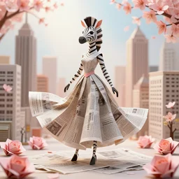 beautiful anthropomorphic ceramic zebra woman wearing a flowing paper dress and posing, paper origami, downtown city made out of newspaper, many sakura origami roses, city background, heavenly light, 3 d, very detailed, octane render, trending artstation, artgem