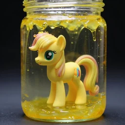 beautiful photograph of my little pony figurine in a jar covered in mysterious sticky yellowish fluid, studio lightning
