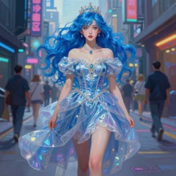 expressive oil painting, of gorgeous princess walking on cyberpunk street, pure innocent look, blue hair, glamour shot, by yoshitaka amano, by greg rutkowski, by jeremyg lipkinng, by artgerm, digital art, octane render