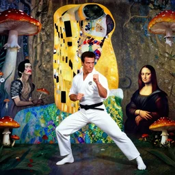 a masterpiece full body portrait of jean Claude van Damme doing martial arts in an enchanted mushroom forest, by gustav klimt and nobuyoshi araki and Salvador dali and Leonardo da Vinci