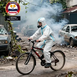 a photo of a boy wearing a hazmat suit, riding a bike, side-view, smoke in the background, filthy streets, broken cars. Vines growing. Jpeg artifacts. Full-color photo. Color color color color color. Award-winning photo. Samyang/Rokinon Xeen 50mm T1.5