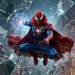 digital art of spider - man in doctor strange outfit doing magic, octane render, nvidia, highly detailed, concept art, illustration, cinematic, multiple dimensions, shattered glass, refractions, highly detailed, web, shining web