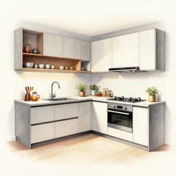 colored pencil sketch of modern kitchen, trending on artstation