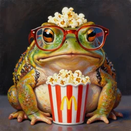 hyper realistic oil painting of a fat toad wearing anachrome! glasses, popcorn pot, vibrant colors, high contrast, by greg rutkowski, trending on artstation