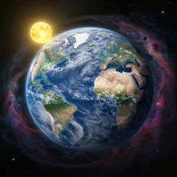 a detailed matte painting of a marble - like water planet with continents orbiting a yellow sun in a sea of stars surrounded by colorful swirling gas clouds, by petros afshar, jessica rossier and alena aenami, trending on artstation, deviantart, planet, clouds, earth, exoplanet, stars, nubulae hubble, 8 k, 4 k
