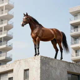 horse on top of an apartment building, ultra realistic, professional photoshoot, sigma lens