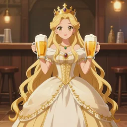 fable princess brings two glasses of beer, golden crown and long dress, long hair down to the floor, beautiful face, tavern interior, anime style, digital art