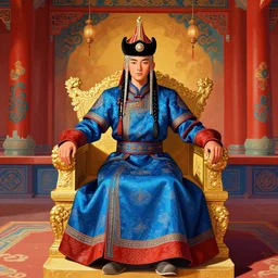 mongolian queen sitting on throne, throne room, concept art, vibrant colors
