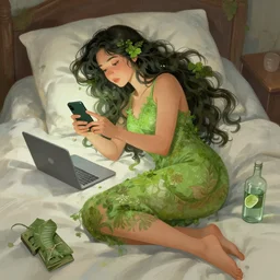 nature goddess doomscrolling in bed by senior concept artist josephine wall, trending on artstation