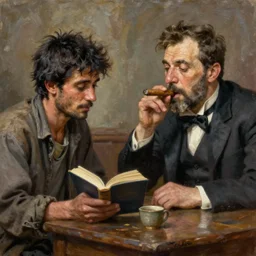 a beautiful 8 k photorealistic masterpiece oil painting, a poor writer selling his book to a rich man with a cigar in his mouth, hyperrealism, 1 6 k, trending on artstation