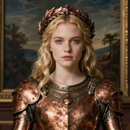 beautiful rugged liv tyler, blonde hair, wearing copper armour, ornate copper wreath, oil painting by titian, hard focus, masterpiece