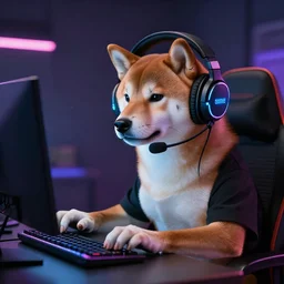 shiba inu wearing a gaming headset, playing on computer with screen glowing on face, digital art, 8 k, trending on artstation, high res