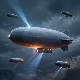 highly detailed an airship that flies through a storm and shines into the sky with searchlights and it has spldaten on it, the pratolire next to it are flying somewhat smaller airships that are about to crash and burn, 4 k, photorealistic, unreal 5