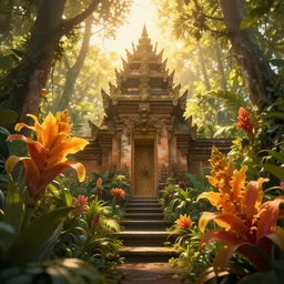 a jungle temple surrounded by giant beautiful tropical flowers, photography, golden hour, bokeh, gamma, 8 k, full - hd, volumetric light, artstation, by bob byerley
