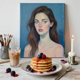 “ sensual, a portrait in a female art student ’ s apartment, pancakes, iced latte, berries, art supplies, a candle dripping white wax, berry juice drips, neo - expressionism, surrealism, acrylic and spray paint and oilstick on canvas ”
