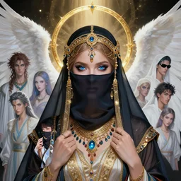 a beautiful arabian angel wearing a niqab with jewelry by alex gray, android jones, nekro, karol bak, ayami kojima, artgerm, yoshitaka amano, olivier ledroit, ruan jia, charlie bowater, tom bagshaw, make up, blue eyes, golden hora, concept art, fantasy