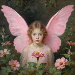 one pink fairy with large wings exploring her lonely flower garden by herself in the style of tom bagshaw and william - adolphe bouguereau, extremely detailed, muted colors, symmetrical face, large eyes, beautiful face