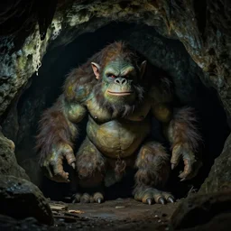 a cave troll in a giant cave 8 k, gloomy lighting, shallow depth of field,