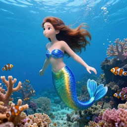 mermaid girl, undersea, coral, school of clown fish, vibrant, 4 k, hyper realistic